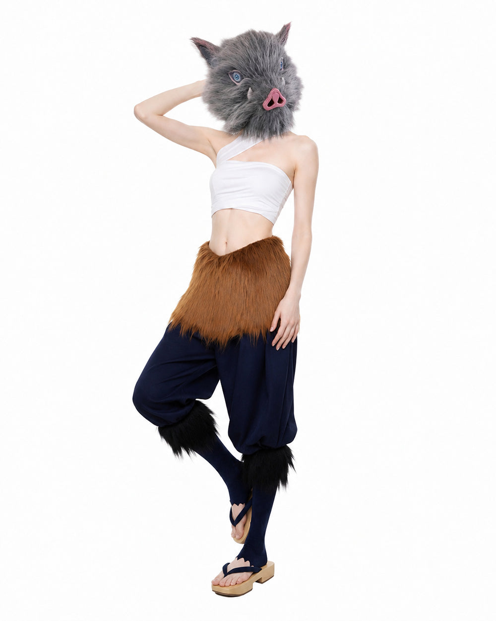Women Wild Beast Costume White Tube Top Faux Fur Skirt and Blue Pants Socks Wraps Set for Halloween Carnival