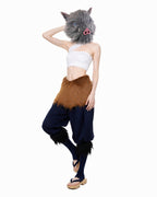 Women Wild Beast Costume White Tube Top Faux Fur Skirt and Blue Pants Socks Wraps Set for Halloween Carnival