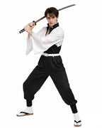 Adult Wind Hashira Style Costume Open Front Black Uniform with White Belt Suit for Comic-con