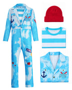 Royal Sailor Twin Costume Blue Jumpsuit with Striped Shirt and Hat for Kids Adults Halloween Cosplay Party