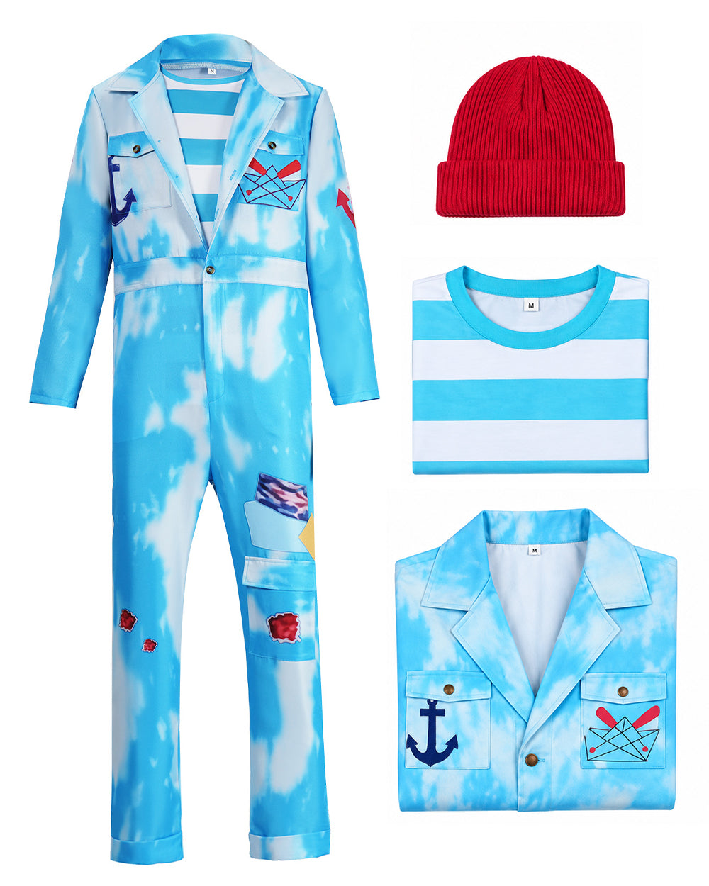 Royal Sailor Twin Costume Blue Jumpsuit with Striped Shirt and Hat for Kids Adults Halloween Cosplay Party