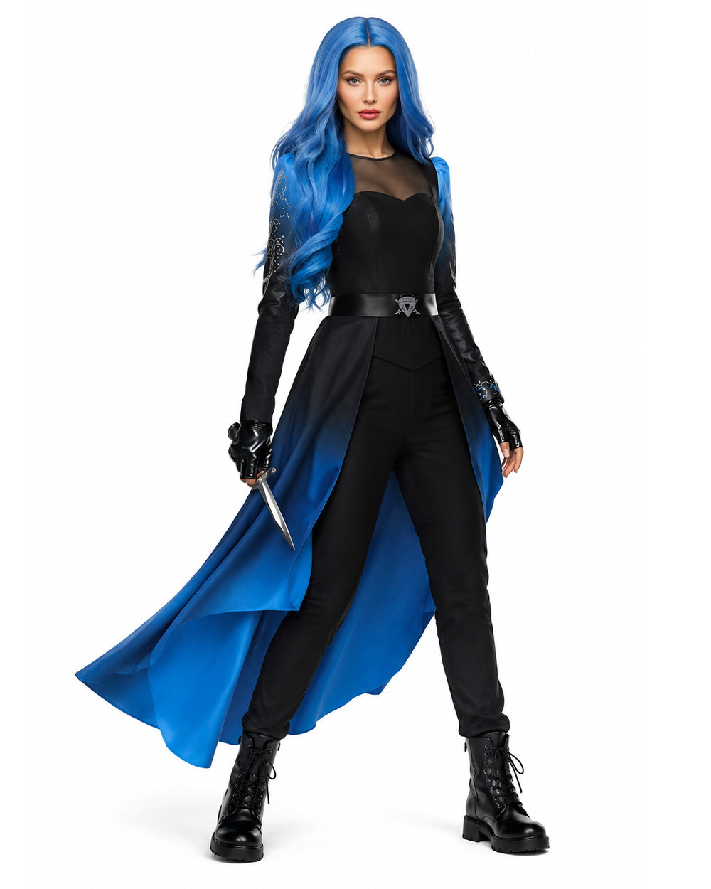 Princess Chloe Costume Blue Gradient Long Sleeve Cape Top Pants Belt and Gloves for Girls Women Dress-up Party