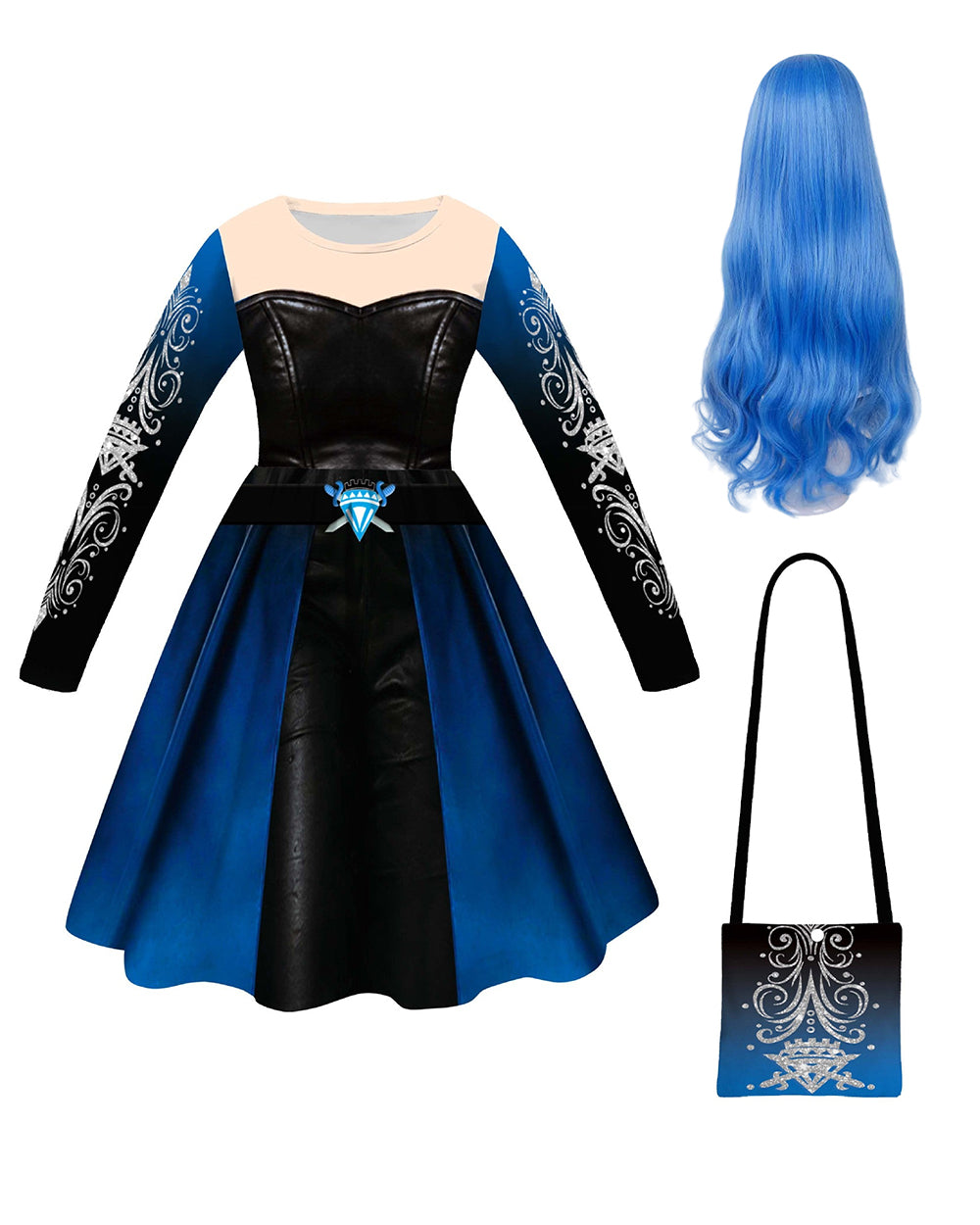Girls Wonderland Princess Chloe Costume Blue Long Sleeve Dress Bag and Wig 3pcs Full Set for Cosplay Events