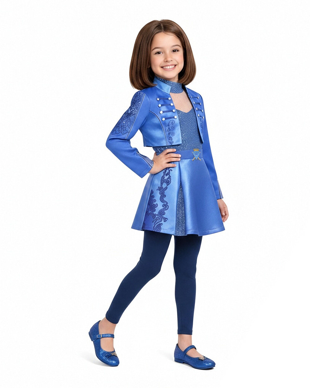 Girls Princess Chloe Costume Descendent Blue Jacket Dress and Leggings Suit for Dress Up Party