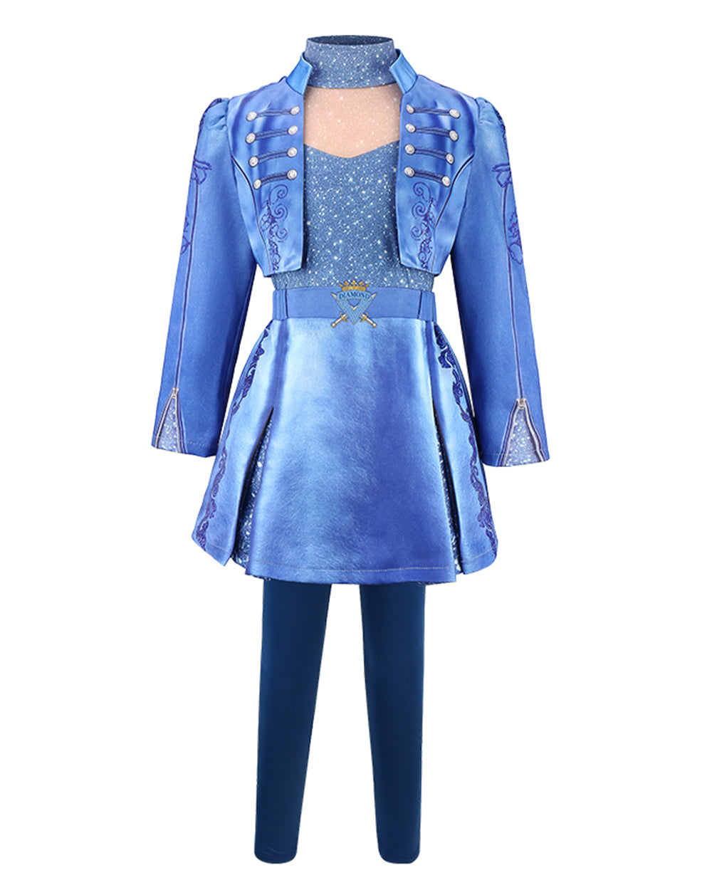 Girls Princess Chloe Costume Descendent Blue Jacket Dress and Leggings Suit for Dress Up Party