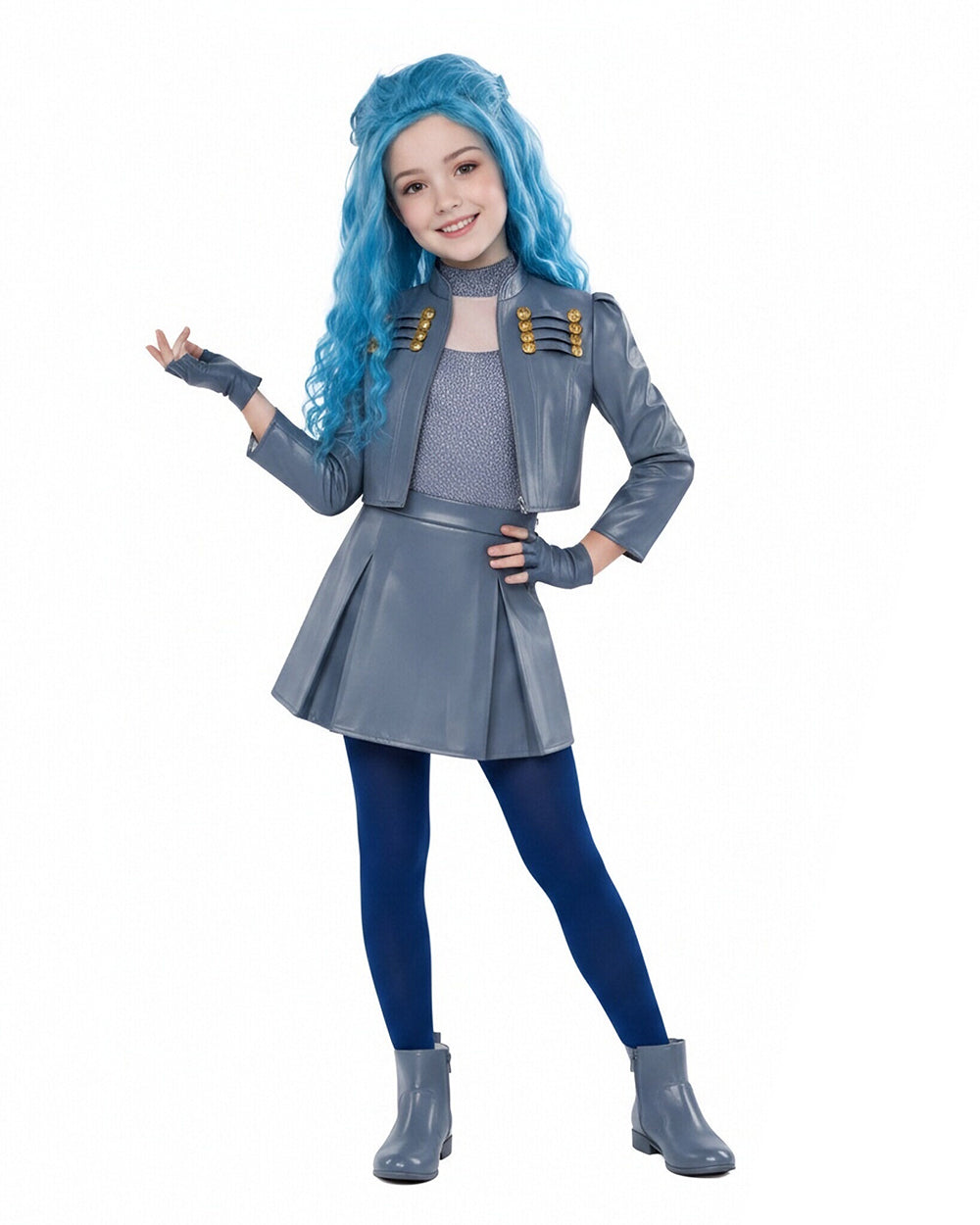Wonderland Princess Chloe Costume Blue PU Leather Jacket Skirt Shirt with Leggings and Gloves 5pcs Outfit for Cosplay Party