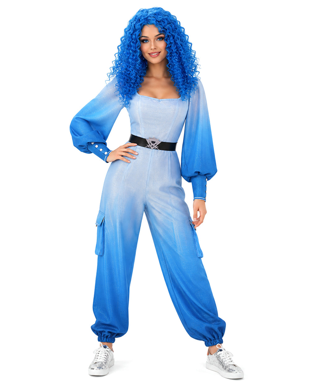 Girls Women Princess Chloe Costume Movie 5 Blue Ombre Jumpsuit with Belt for Cosplay Party
