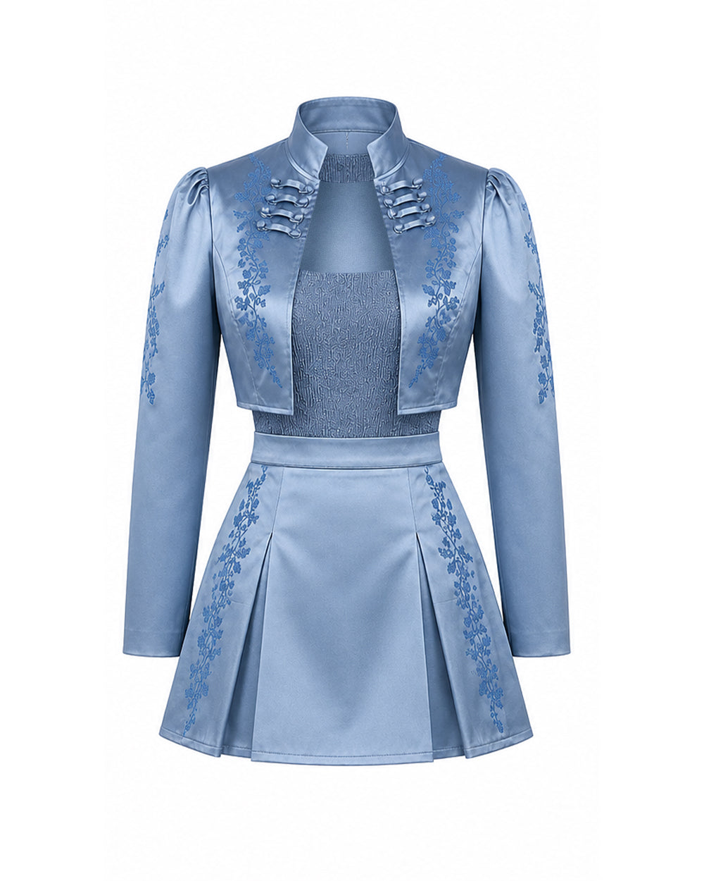 Princess Chloe Dress Royal Blue Satin 4-Piece Set Jacket Inner Top Pleated Skirt and Underskirt for Theme Party