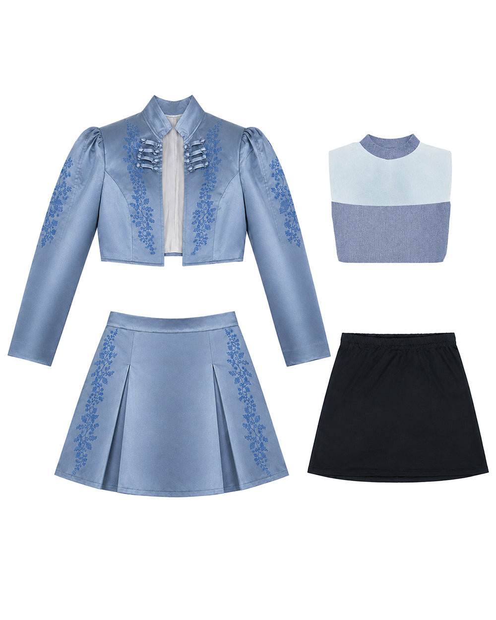 Princess Chloe Dress Royal Blue Satin 4-Piece Set Jacket Inner Top Pleated Skirt and Underskirt for Theme Party