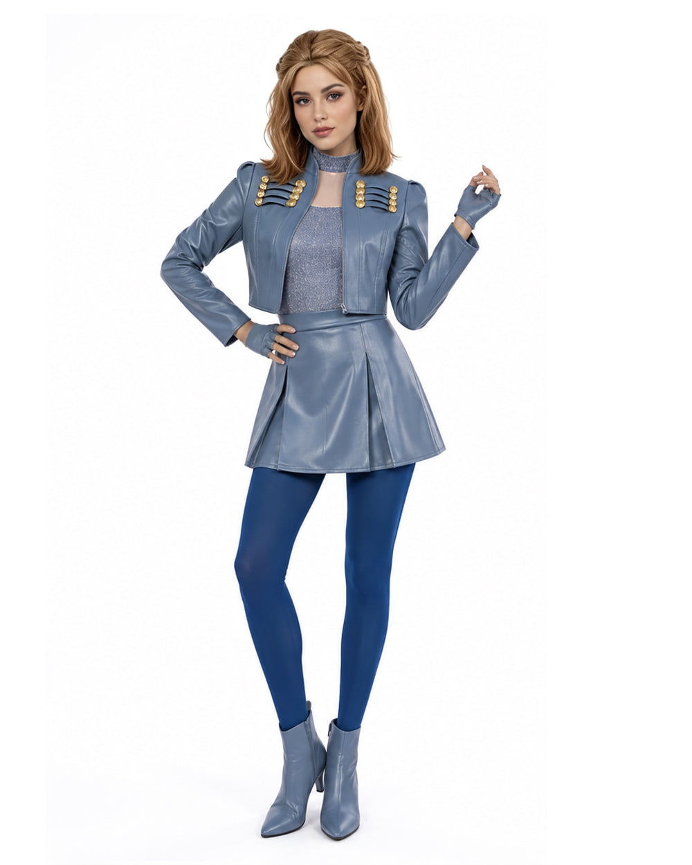 Wonderland Princess Chloe Costume Blue PU Leather Jacket Skirt Shirt with Leggings and Gloves 5pcs Outfit for Cosplay Party