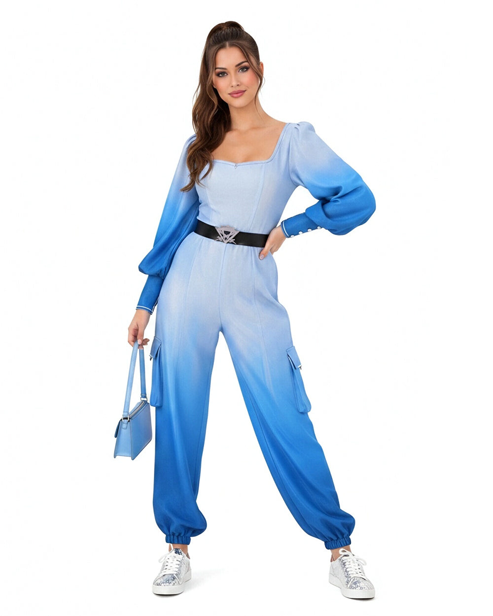 Women Princess Chloe Costume Movie 5 Blue Ombre Jumpsuit with Belt for Cosplay Party