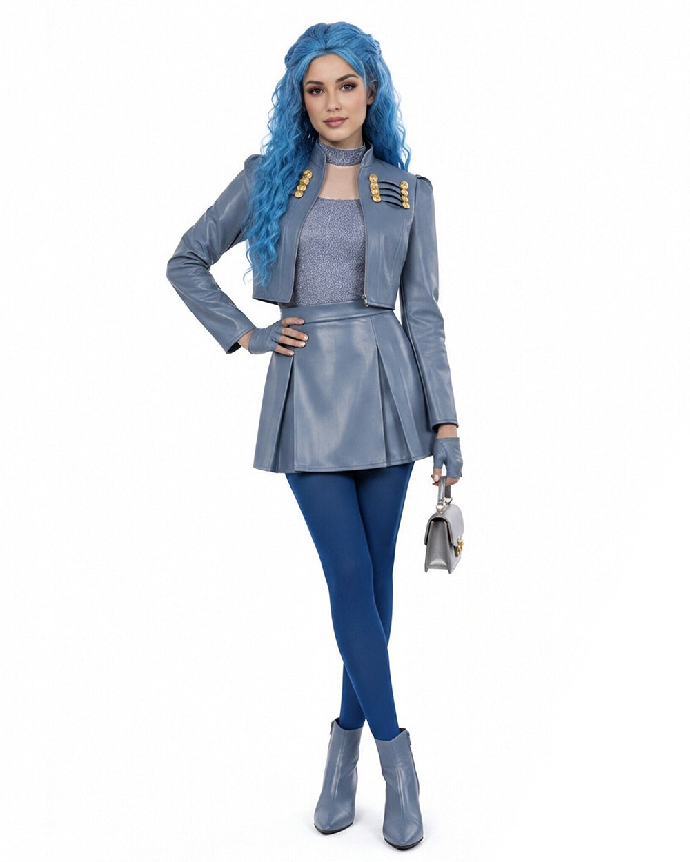 Wonderland Princess Chloe Costume Blue PU Leather Jacket Skirt Shirt with Leggings and Gloves 5pcs Outfit for Cosplay Party
