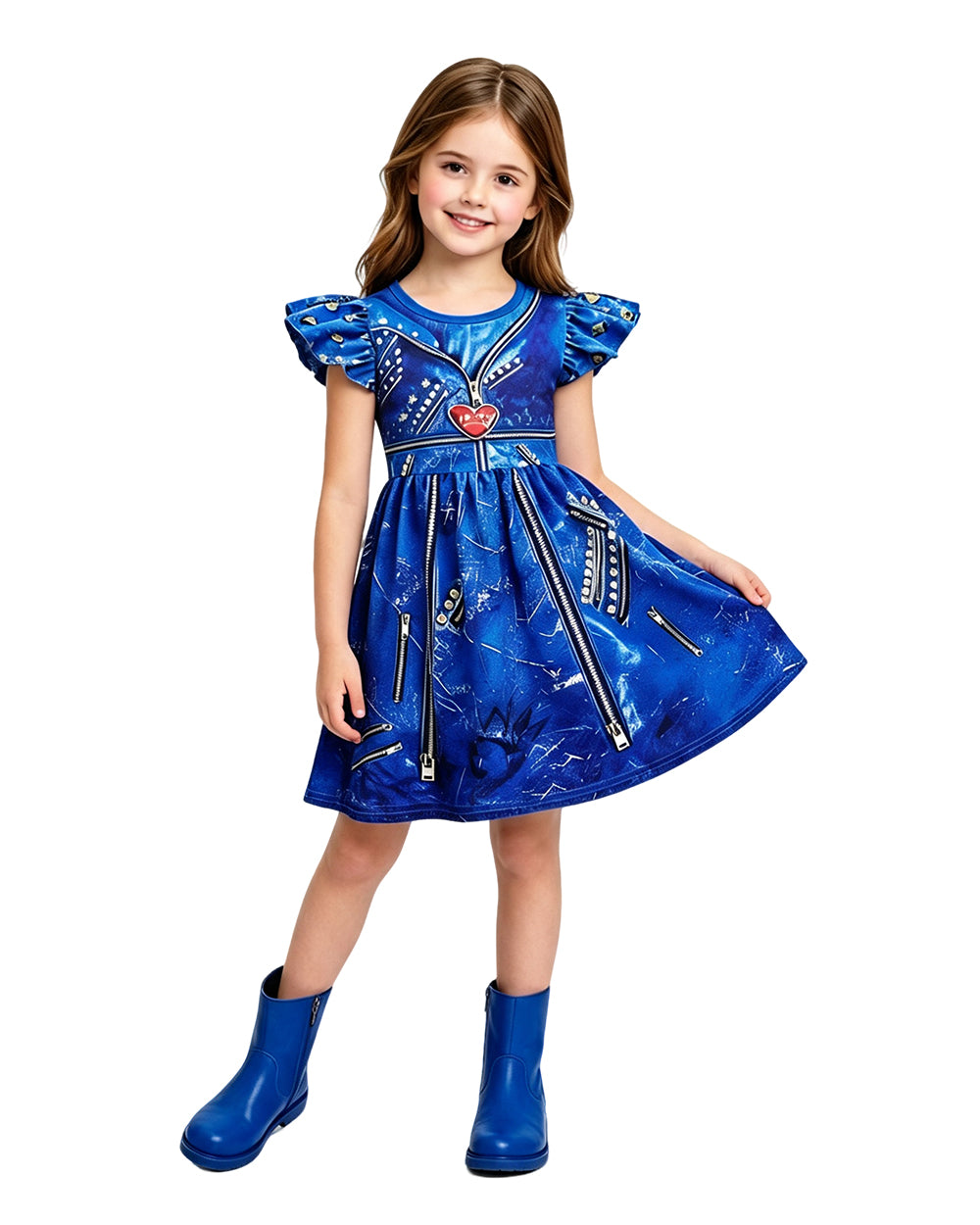 Girls Princess Evie Costume Blue Dress Gloves and Wig for Halloween Carnival