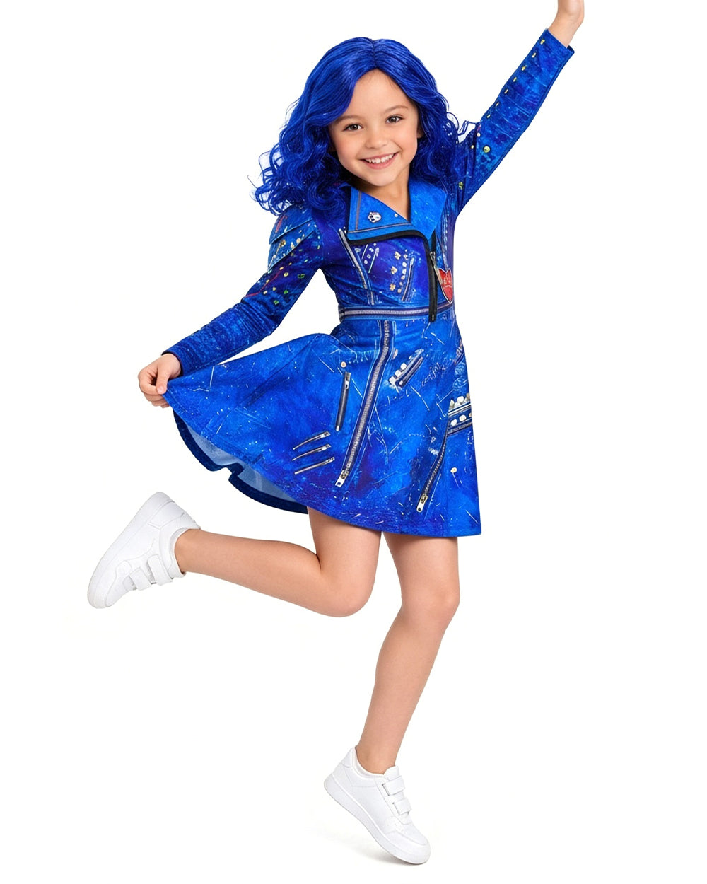 Girls Evie Costume Blue Dress and Wig Cosplay Outfit for Halloween Party