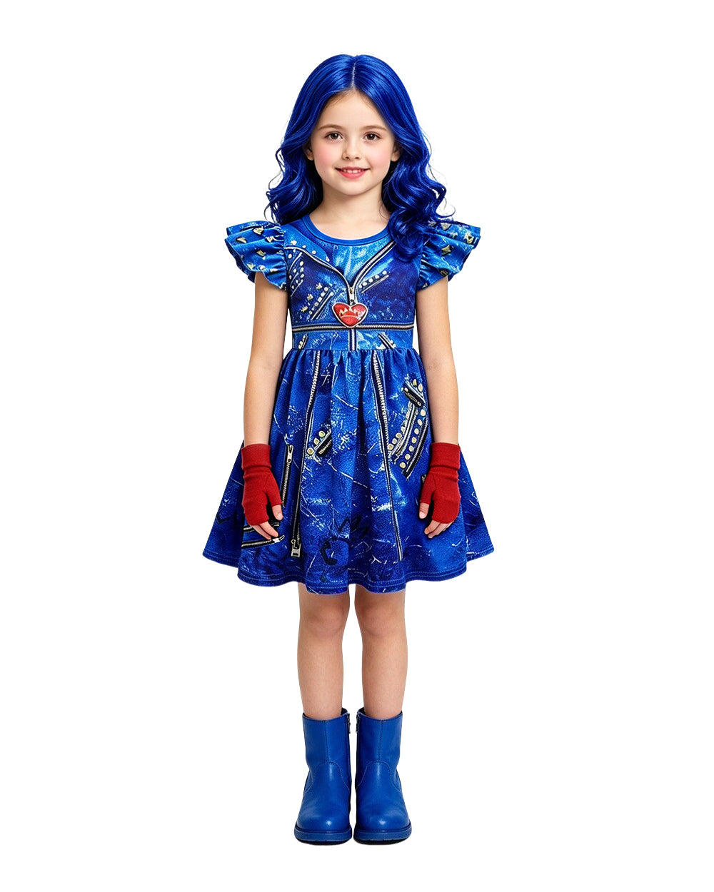 Girls Princess Evie Costume Blue Dress Gloves and Wig for Halloween Carnival