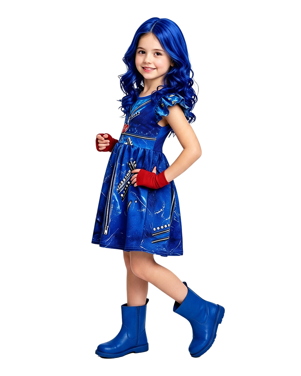 Girls Princess Evie Costume Blue Dress Gloves and Wig for Halloween Carnival