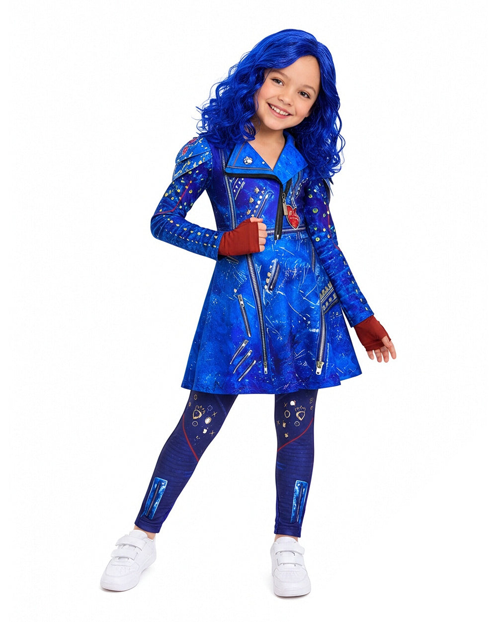 Girls Evie Costume Blue Dress and Wig Cosplay Outfit for Halloween Party