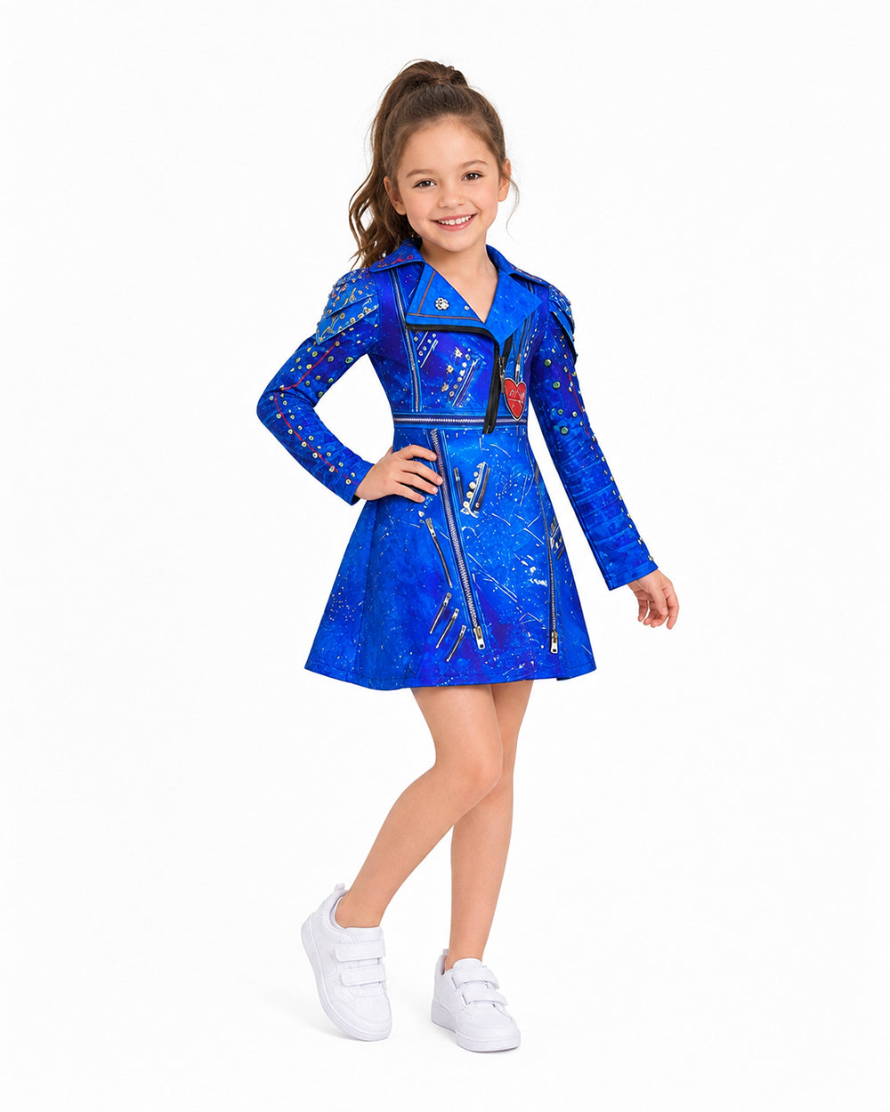 Girls Evie Costume Blue Dress and Wig Cosplay Outfit for Halloween Party