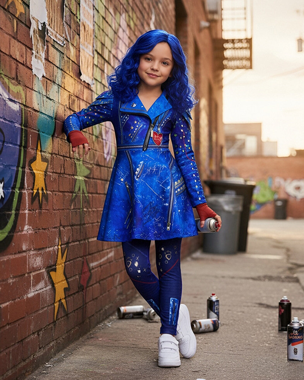 Girls Evie Costume Blue Dress and Wig Cosplay Outfit for Halloween Party