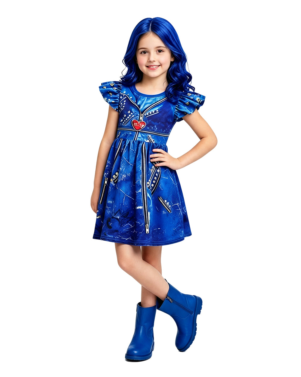 Girls Princess Evie Costume Blue Dress Gloves and Wig for Halloween Carnival