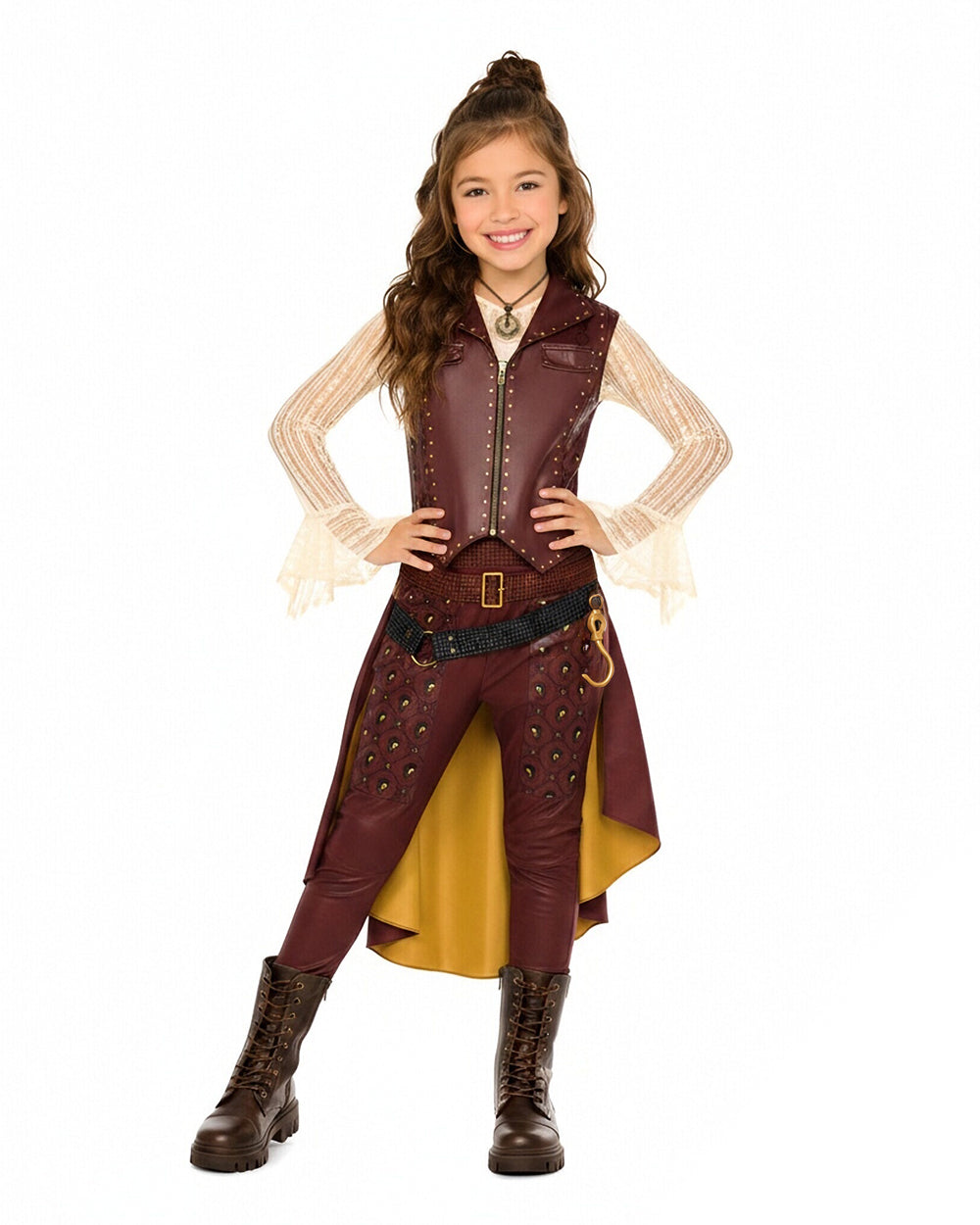 Wonderland Captain's Daughter Costume Hook Pirate Princess PU Leather Cape Vest Pants Shirt and Accessories Full Set for Halloween Party