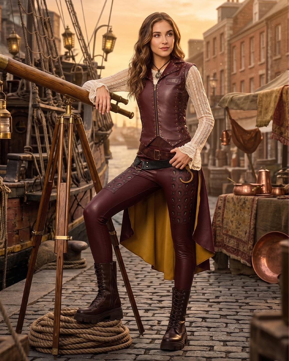 Wonderland Captain's Daughter Costume Hook Pirate Princess PU Leather Cape Vest Pants Shirt and Accessories Full Set for Halloween Party