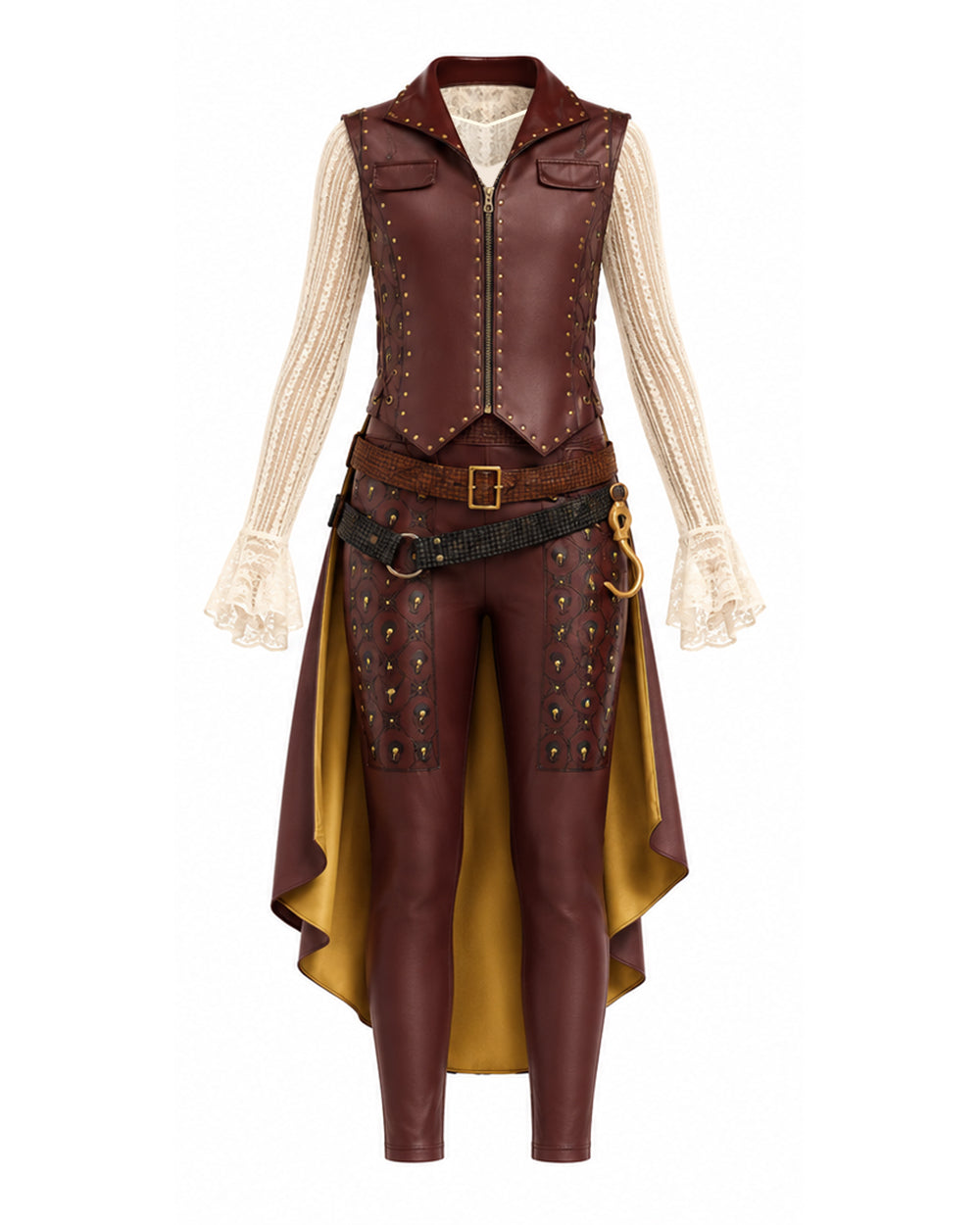 Wonderland Captain's Daughter Costume Hook Pirate Princess PU Leather Cape Vest Pants Shirt and Accessories Full Set for Halloween Party