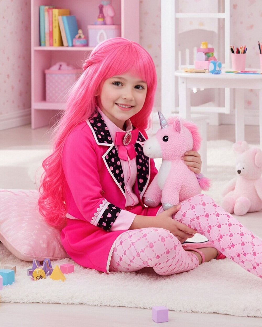 Girls Descendent Costume Pink Princess Bridget Outfit with Wig for Halloween Cosplay Party