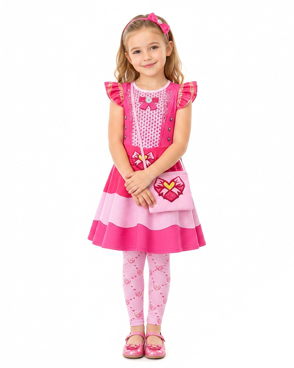 Girls Princess Pink Costume Heart Printed Dress Bag Leggings 3pcs Full Set for Halloween Party 4-12Y