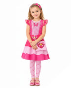 Girls Princess Pink Costume Heart Printed Dress Bag Leggings 3pcs Full Set for Halloween Party 4-12Y