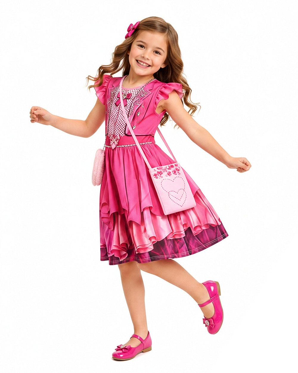 Girls Wonderland Red Princess Costume 3D Print Pink Princess Chloe Dress and Bag for Dress-up Party
