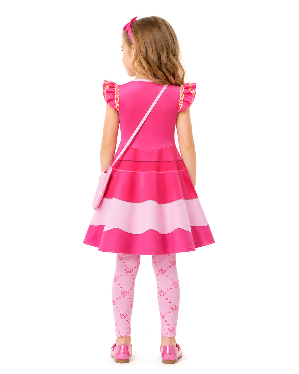 Girls Princess Pink Costume Heart Printed Dress Bag Leggings 3pcs Full Set for Halloween Party 4-12Y