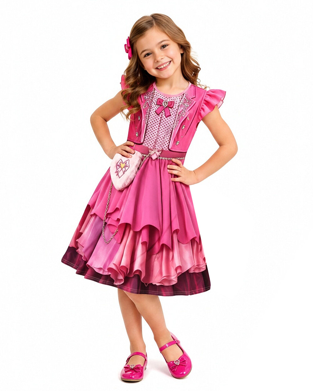 Girls Wonderland Red Princess Costume 3D Print Pink Princess Chloe Dress and Bag for Dress-up Party