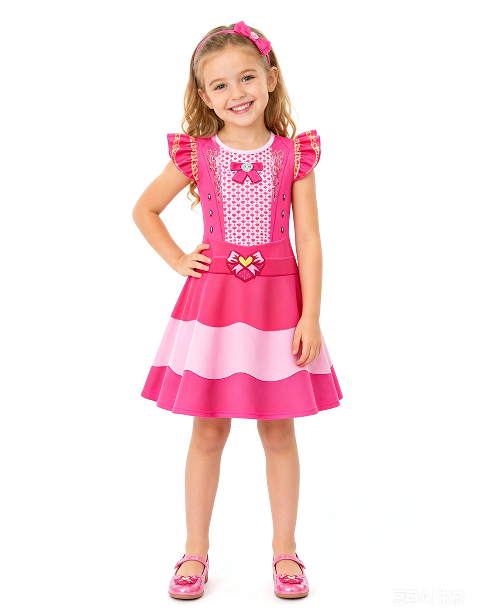 Girls Princess Pink Costume Heart Printed Dress Bag Leggings 3pcs Full Set for Halloween Party 4-12Y