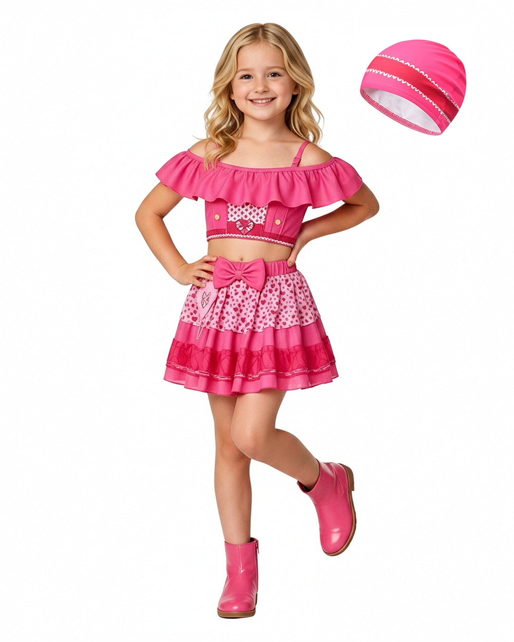 Baby Girls Red Princess Swimsuit Wonderland Pink Prinecess Chloe Princess Swim Top Skirt and Cap for Vacation