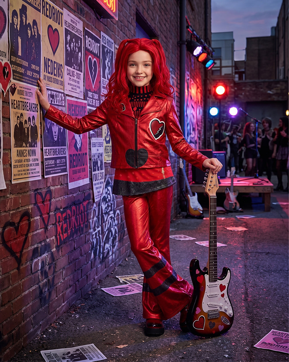 Red Princess Costume Queen of Hearts Daughter Metallic Shiny Jacket Shirt Pants 3pcs Suit for Dress-up Party