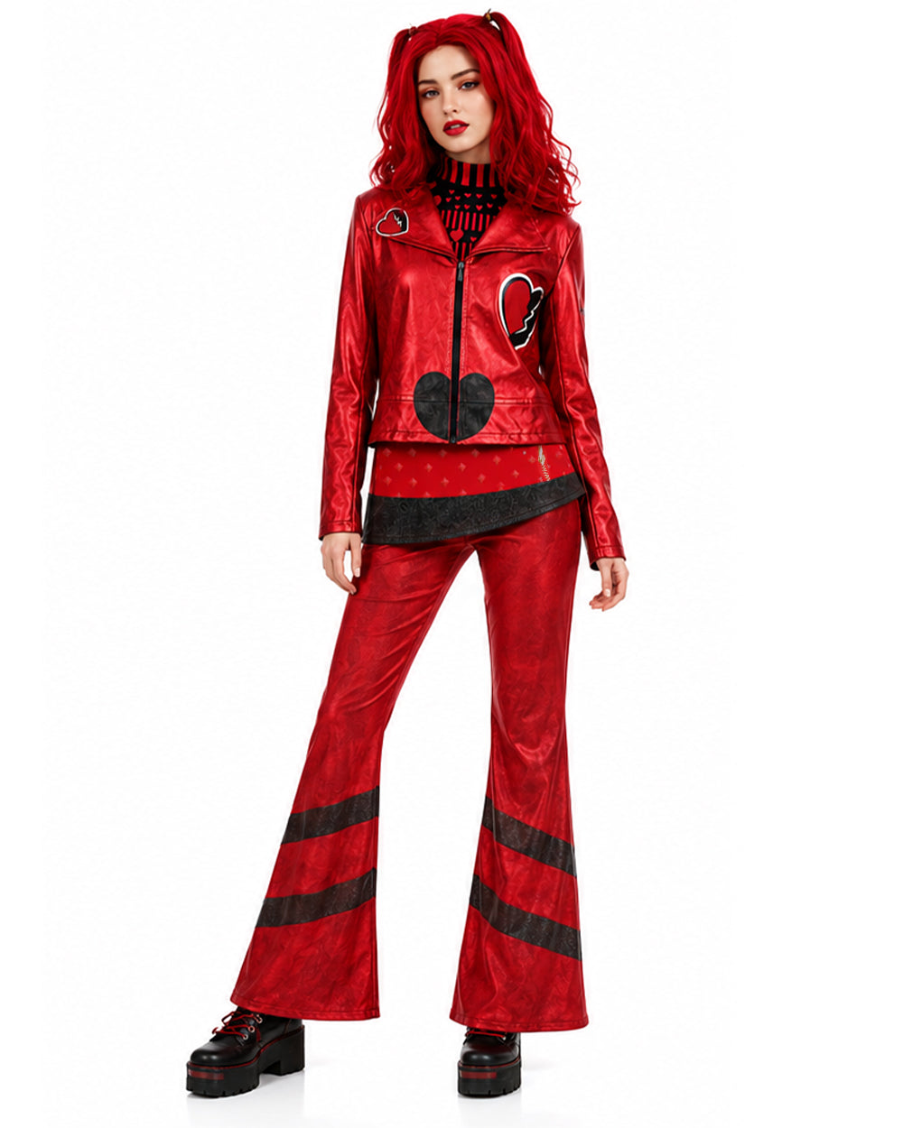 Red Princess Costume Queen of Hearts Daughter Metallic Shiny Jacket Shirt Pants 3pcs Suit for Dress-up Party