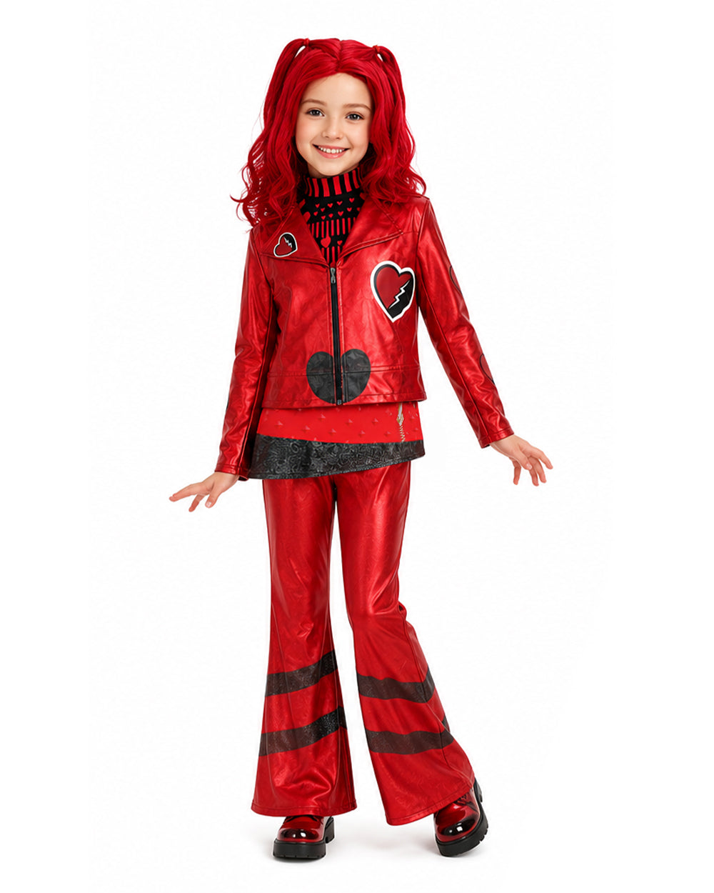 Red Princess Costume Queen of Hearts Daughter Metallic Shiny Jacket Shirt Pants 3pcs Suit for Dress-up Party