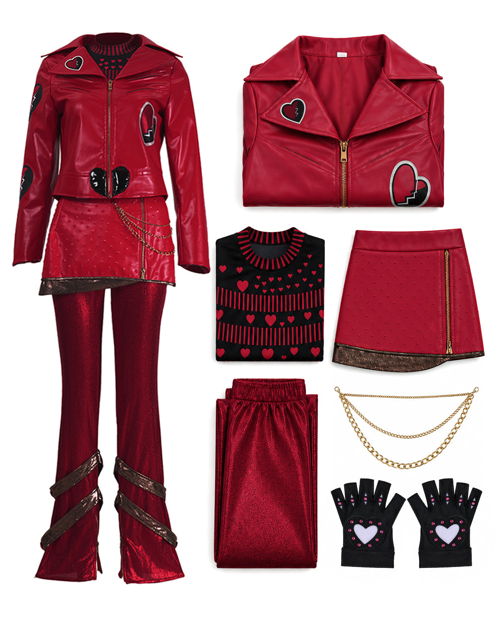 Red Princess Dress Wonderland PU Leather Jacket Skirt Pants and Accessories 6pcs Full Set for Girls Women Halloween Cosplay