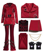Red Princess Dress Wonderland PU Leather Jacket Skirt Pants and Accessories 6pcs Full Set for Girls Women Halloween Cosplay