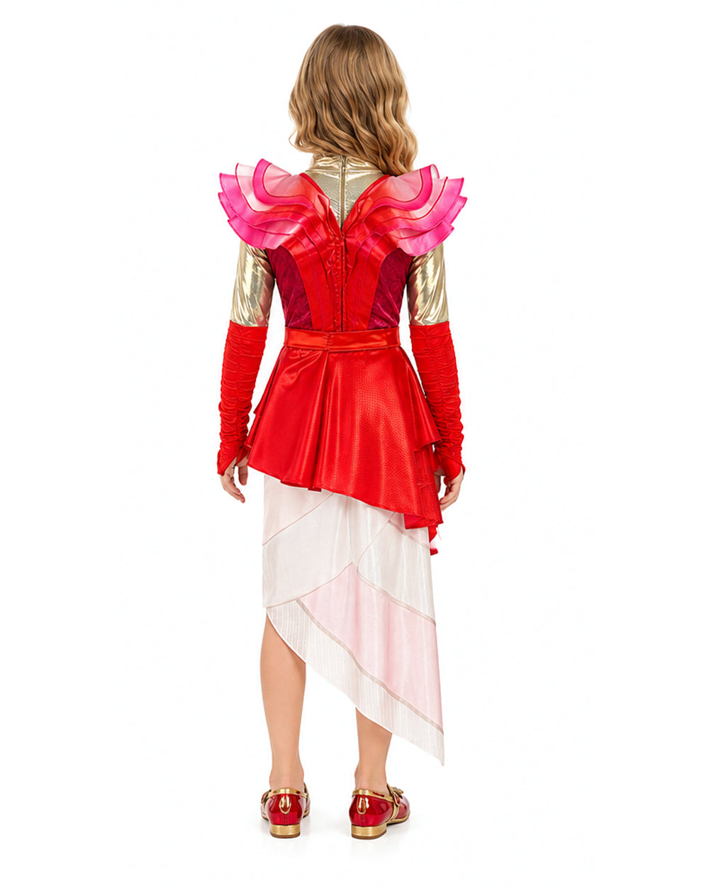 Wonderland Card Queen Costume Red Ruffle High-Low Layered Dress with Crown and Wig for Stage Performances