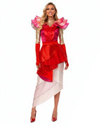 Wonderland Card Queen Costume Red Ruffle High-Low Layered Dress with Crown and Wig for Stage Performances