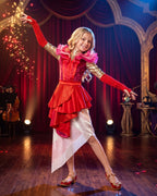 Wonderland Card Queen Costume Red Ruffle High-Low Layered Dress with Crown and Wig for Stage Performances