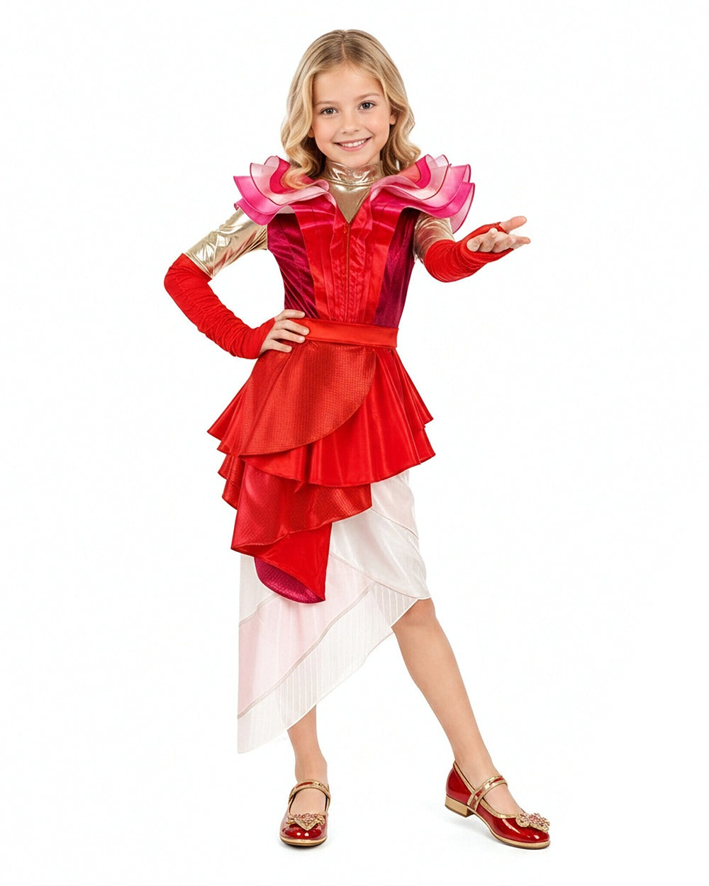 Wonderland Card Queen Costume Red Ruffle High-Low Layered Dress with Crown and Wig for Stage Performances