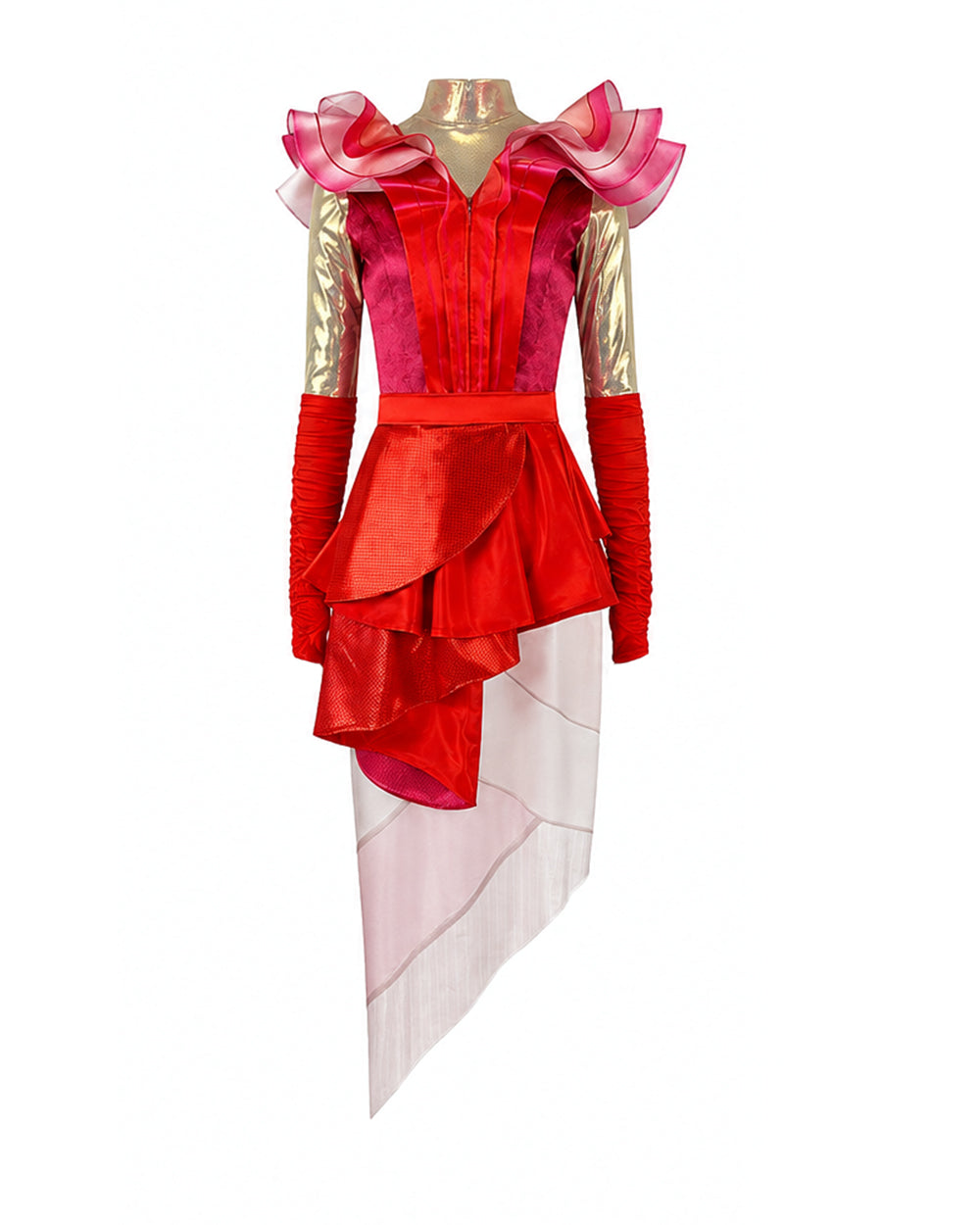 Wonderland Card Queen Costume Red Ruffle High-Low Layered Dress with Crown and Wig for Stage Performances