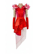 Wonderland Card Queen Costume Red Ruffle High-Low Layered Dress with Crown and Wig for Stage Performances