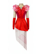 Wonderland Card Queen Costume Red Ruffle High-Low Layered Dress with Crown and Wig for Stage Performances