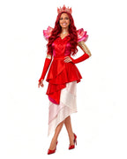 Wonderland Card Queen Costume Red Ruffle High-Low Layered Dress with Crown and Wig for Stage Performances