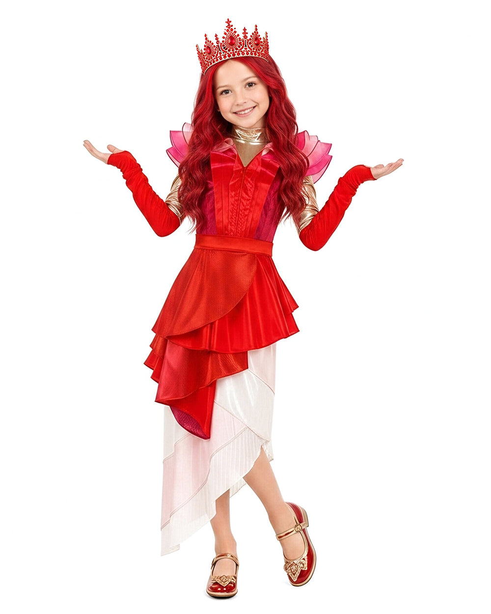Wonderland Card Queen Costume Red Ruffle High-Low Layered Dress with Crown and Wig for Stage Performances