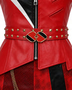 Women Red Princess Costume PU Leather Jacket Skirt Pants and Accessories 5pcs Suit for Halloween Carnival